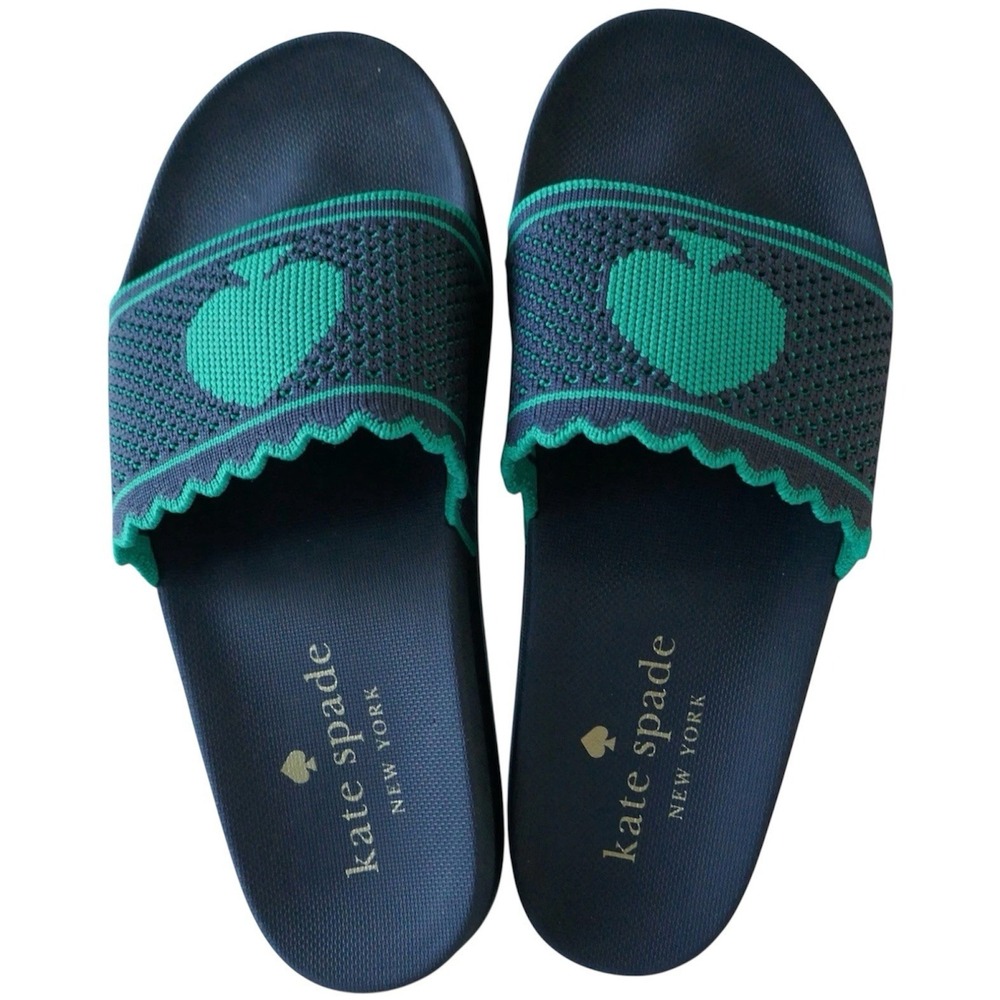Kate Spade New York Brigitte Slides Sandals 5 Navy Green Logo Scallop Strap New